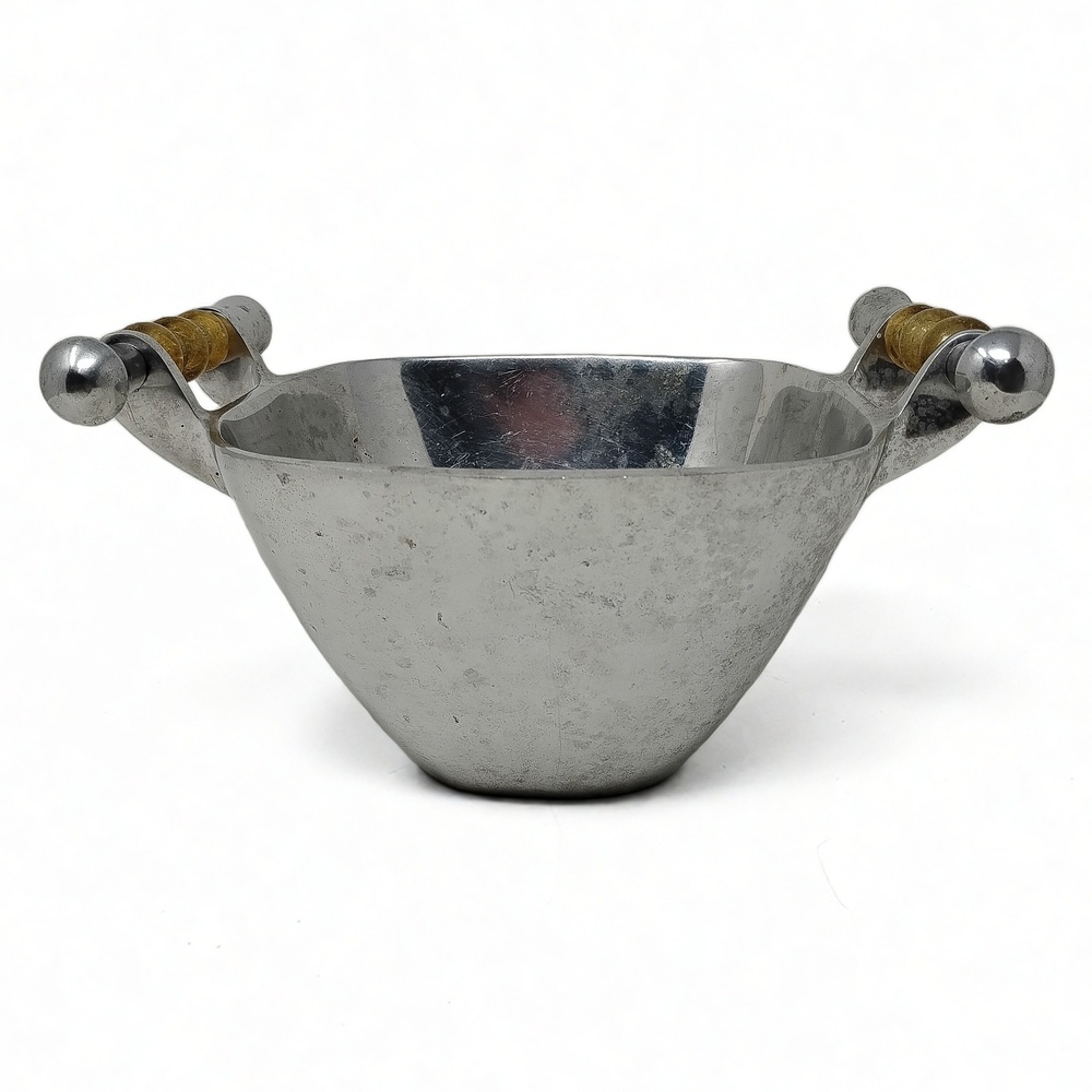 Vintage Mid Century Cast Aluminum Serving Bowl with Decorative Glass Bead